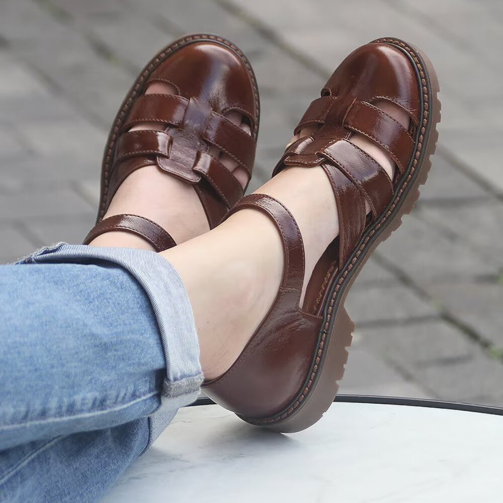 Women's Brown Sandals with Woven Leather Upper and Chunky Soles, EU 41 & EU 39